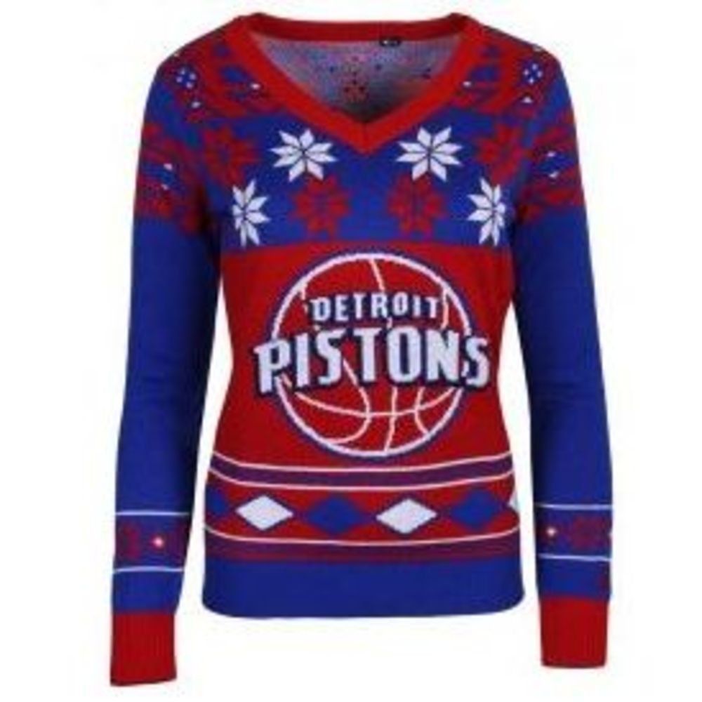 Detroit Pistons Big Logo (Women's V-Neck) NBA Ugly Sweater Christmas Holiday